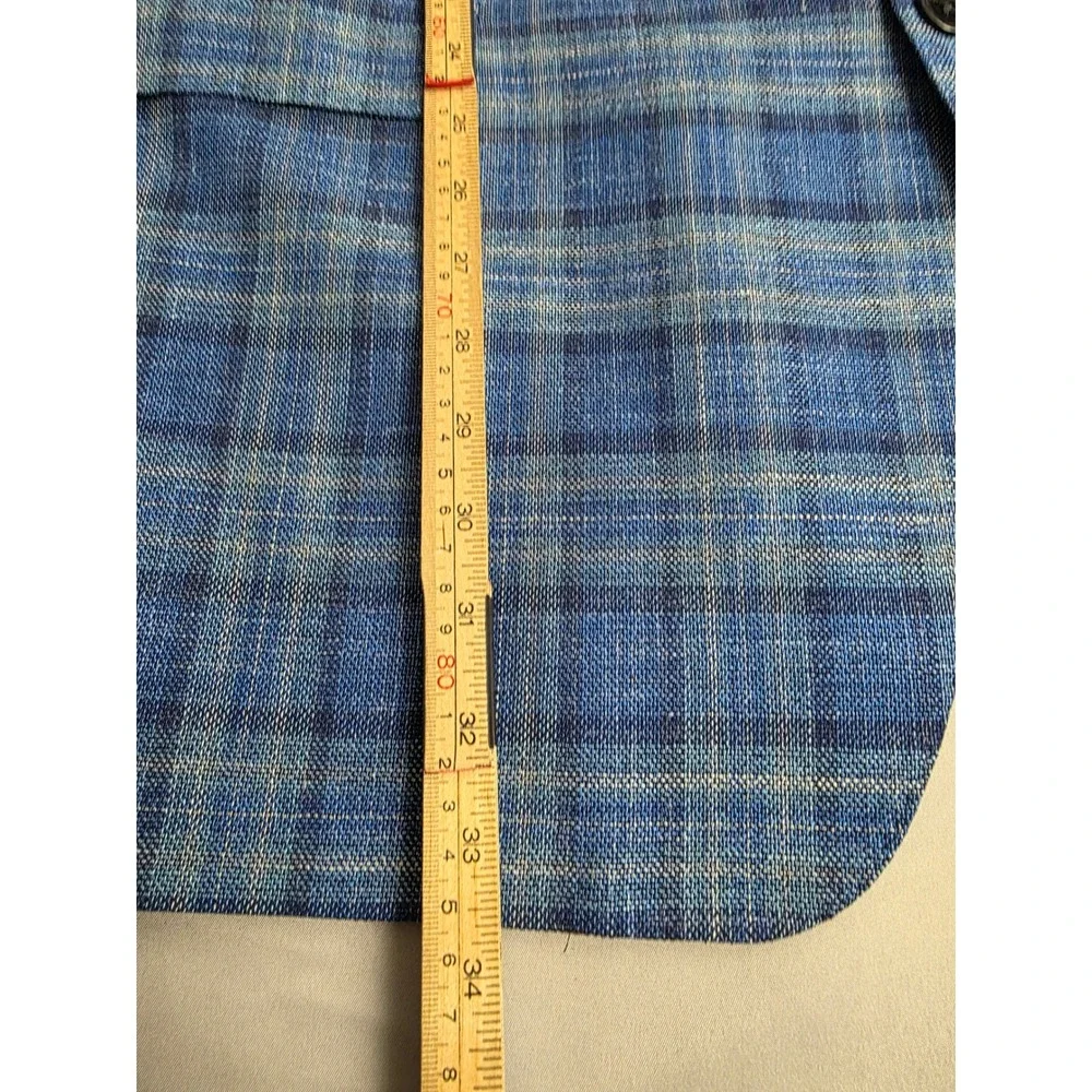 Samuelsohn Mens 50 Long Blue Plaid Wool Silk Linen Sport Coat Carlo Barbera